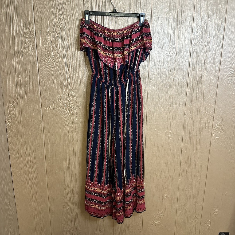 Free People Simone Flounce Fall Strapless Jumpsuit Sz S Wide Leg Red Black Boho